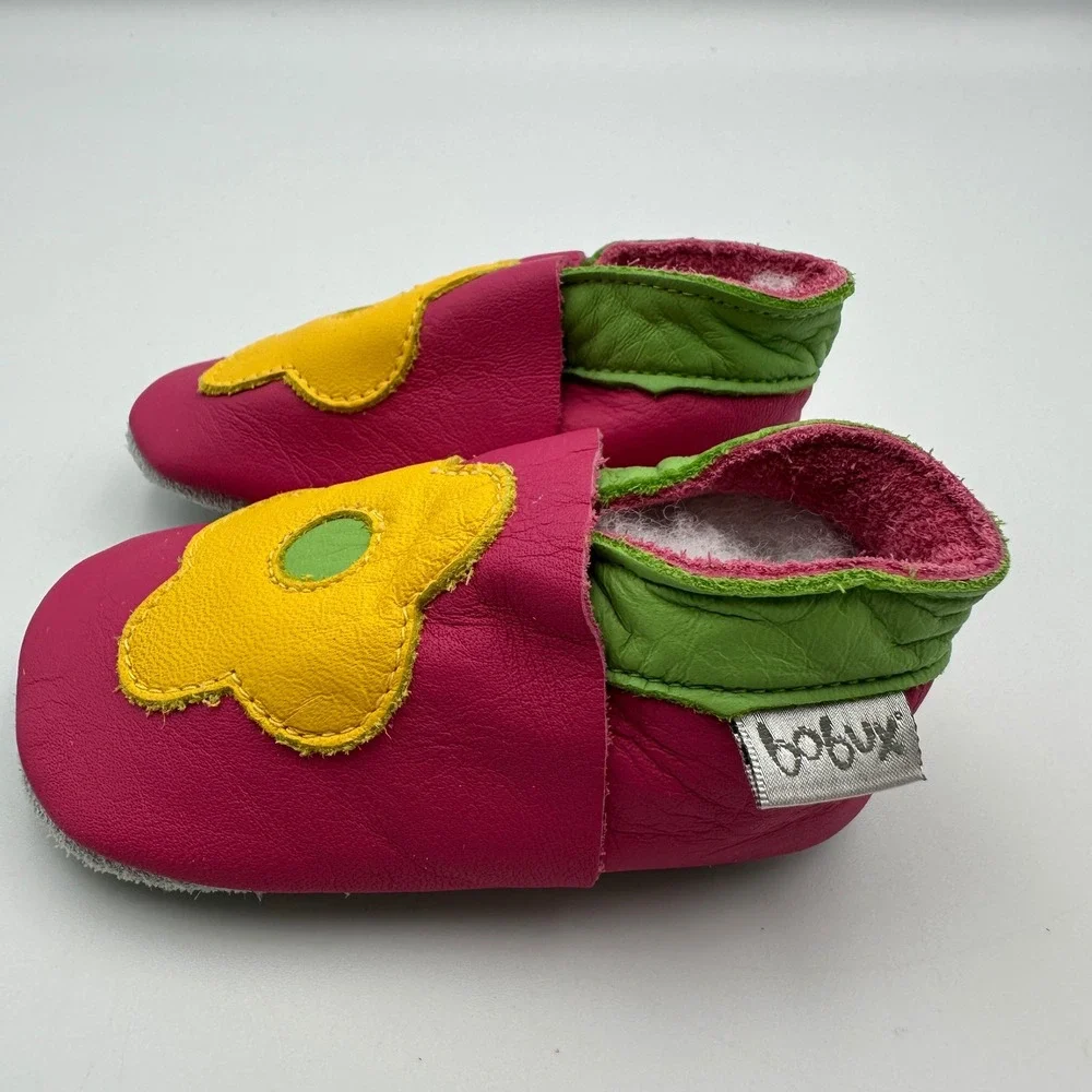 NEW Bobux Soft Sole Leather Baby Shoes Small Pink Yellow Flower Moccasins Infant